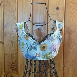 Kona Sol Multicolor Floral Top bikini top size small ruffle shoulders